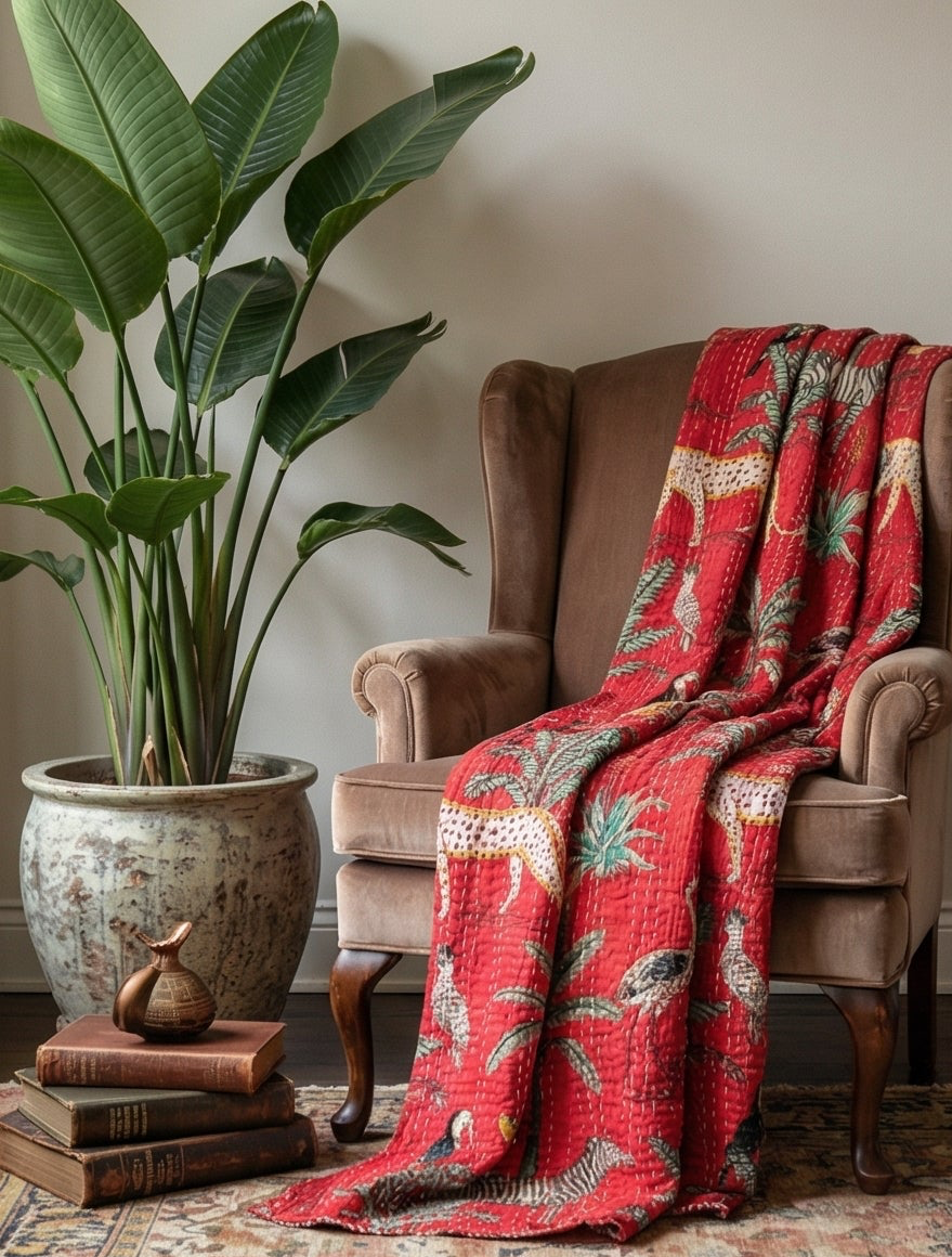 The Red Bengal Rubellite Cotton Hand-Made Kantha Throw Blanket