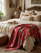 The Red Bengal Rubellite Cotton Hand-Made Kantha Throw Blanket