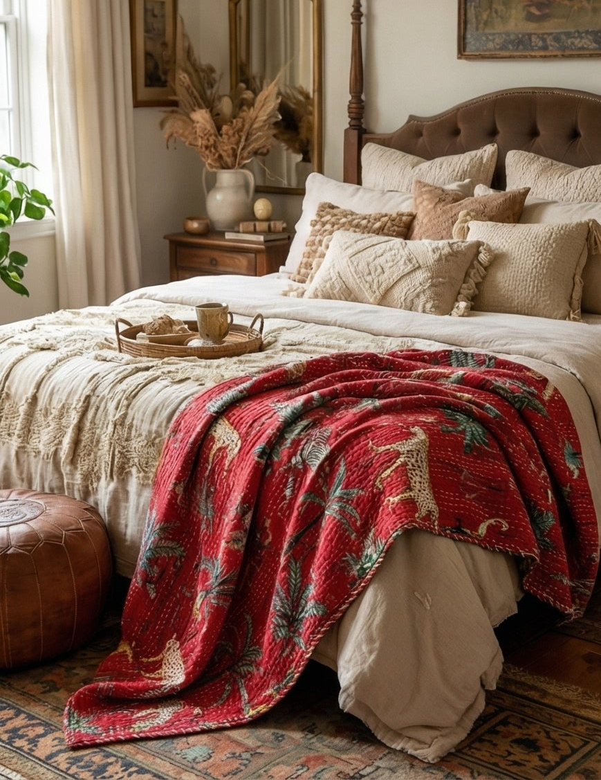 The Red Bengal Rubellite Cotton Hand-Made Kantha Throw Blanket