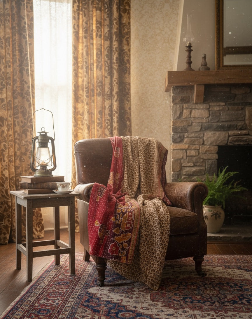 Gulmohar Dreams Hand-Made Kantha Throw Blanket