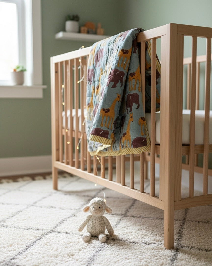 Tippy Toes and Trunks - 100% cotton Hand Made Artisnal Baby Quilt