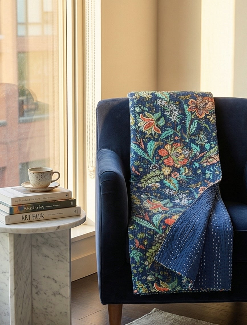 The Midnight Garden Cotton Hand-Made Kantha Throw Blanket