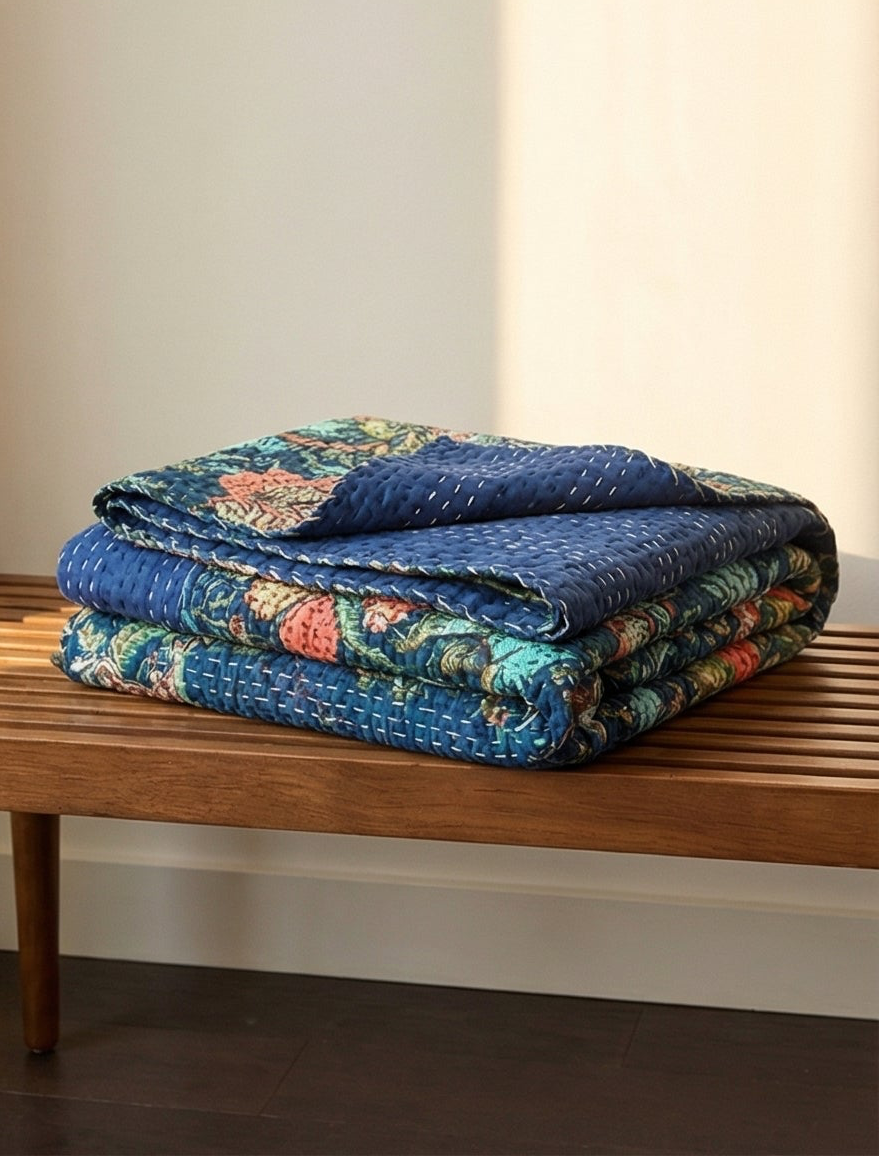 The Midnight Garden Cotton Hand-Made Kantha Throw Blanket