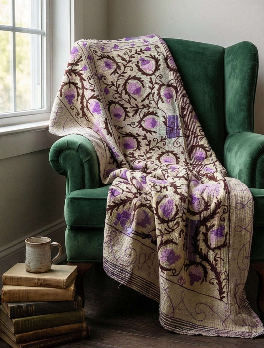 Lilac Pomegranate Vine Luxury Vintage Suzani Kantha Throw Blanket