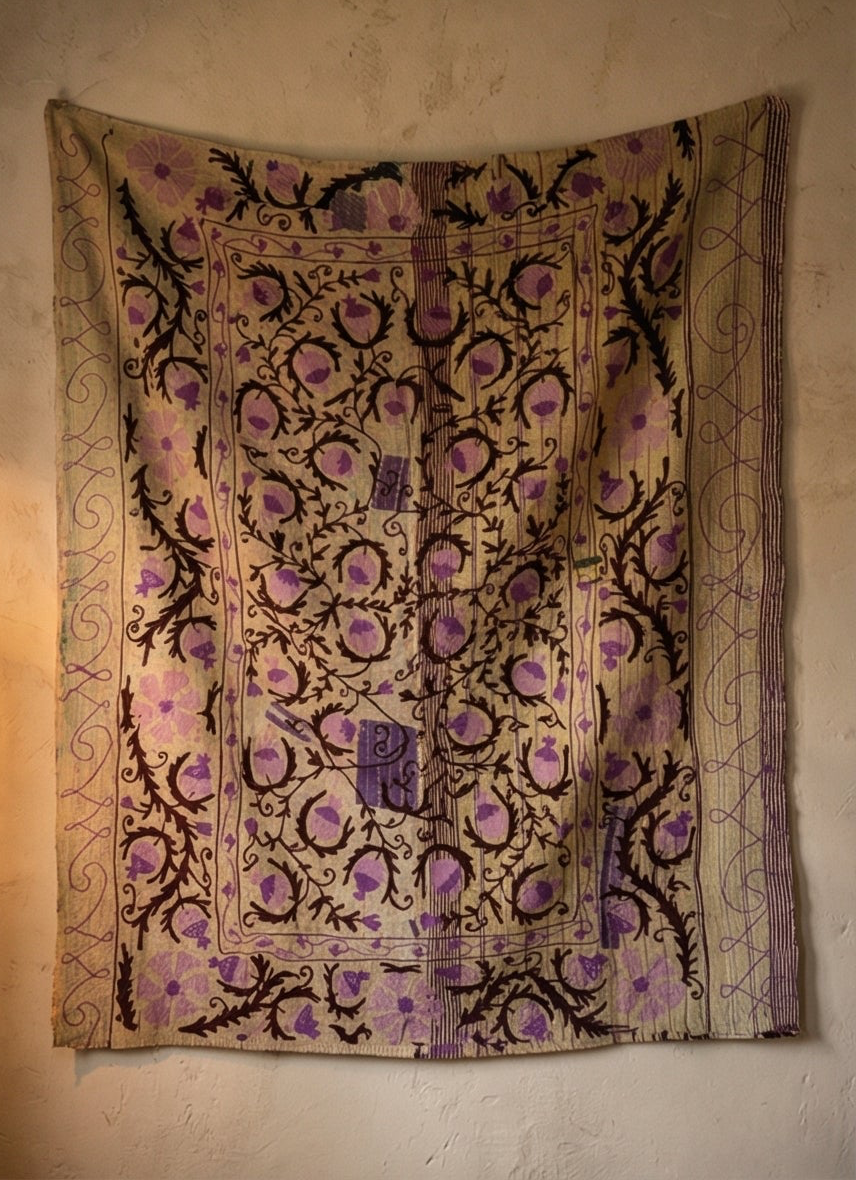 Lilac Pomegranate Vine Luxury Vintage Suzani Kantha Throw Blanket
