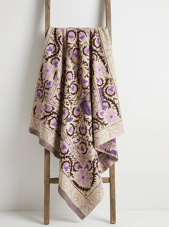 Lilac Pomegranate Vine Luxury Vintage Suzani Kantha Throw Blanket