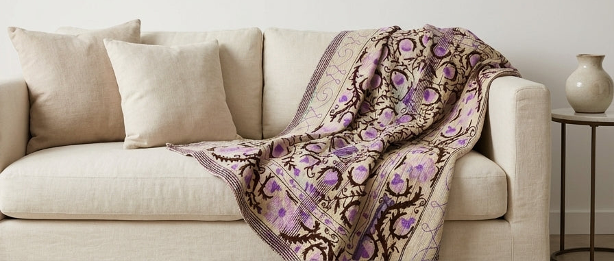 Lilac Pomegranate Vine Luxury Vintage Suzani Kantha Throw Blanket