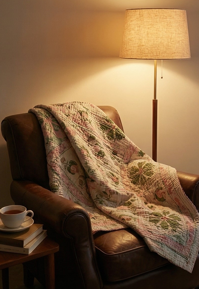Cozy living room scene with a brown armchair, patterned blanket, lamp, and books.