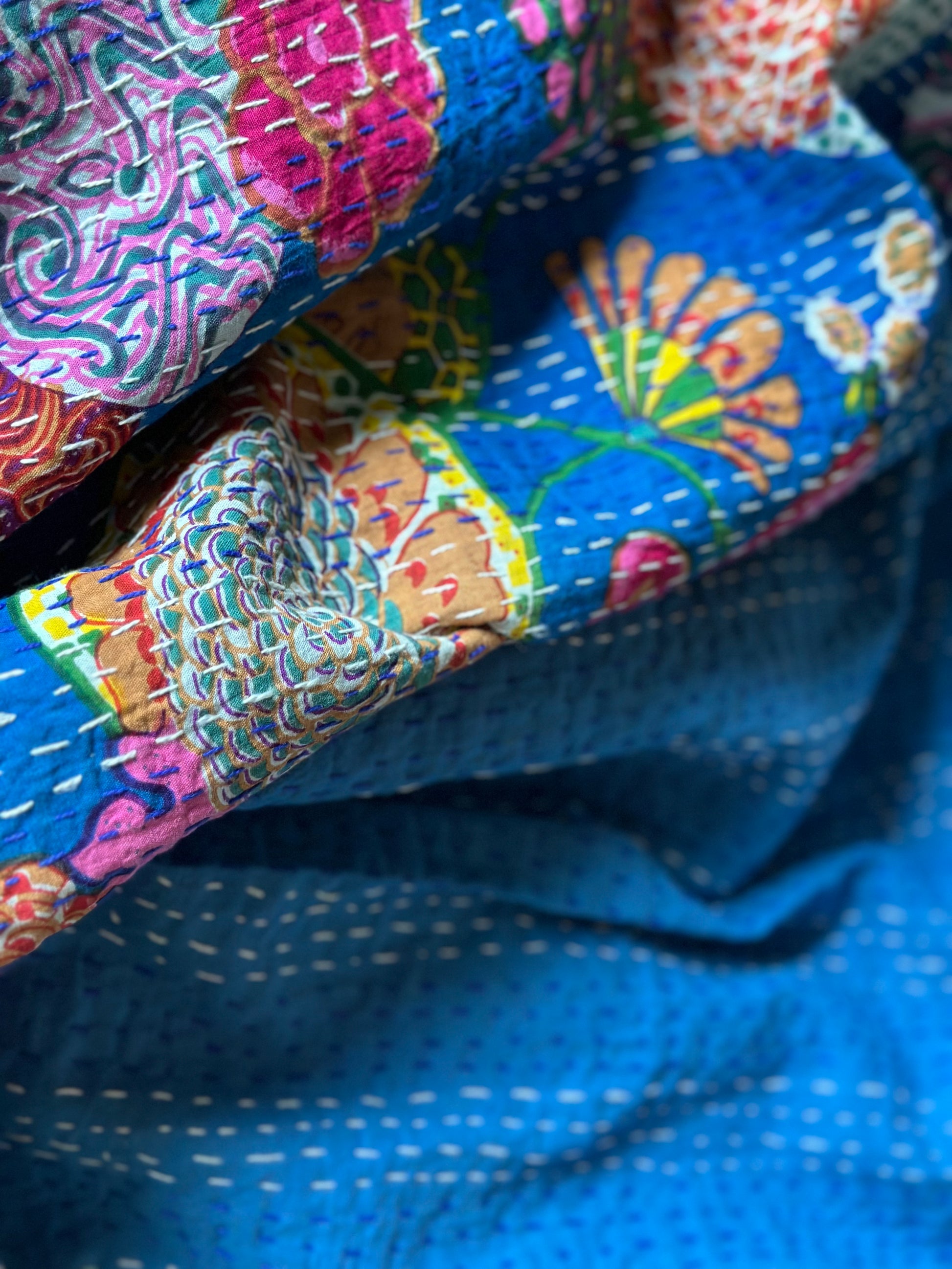 Wild blue orchard kantha throw
