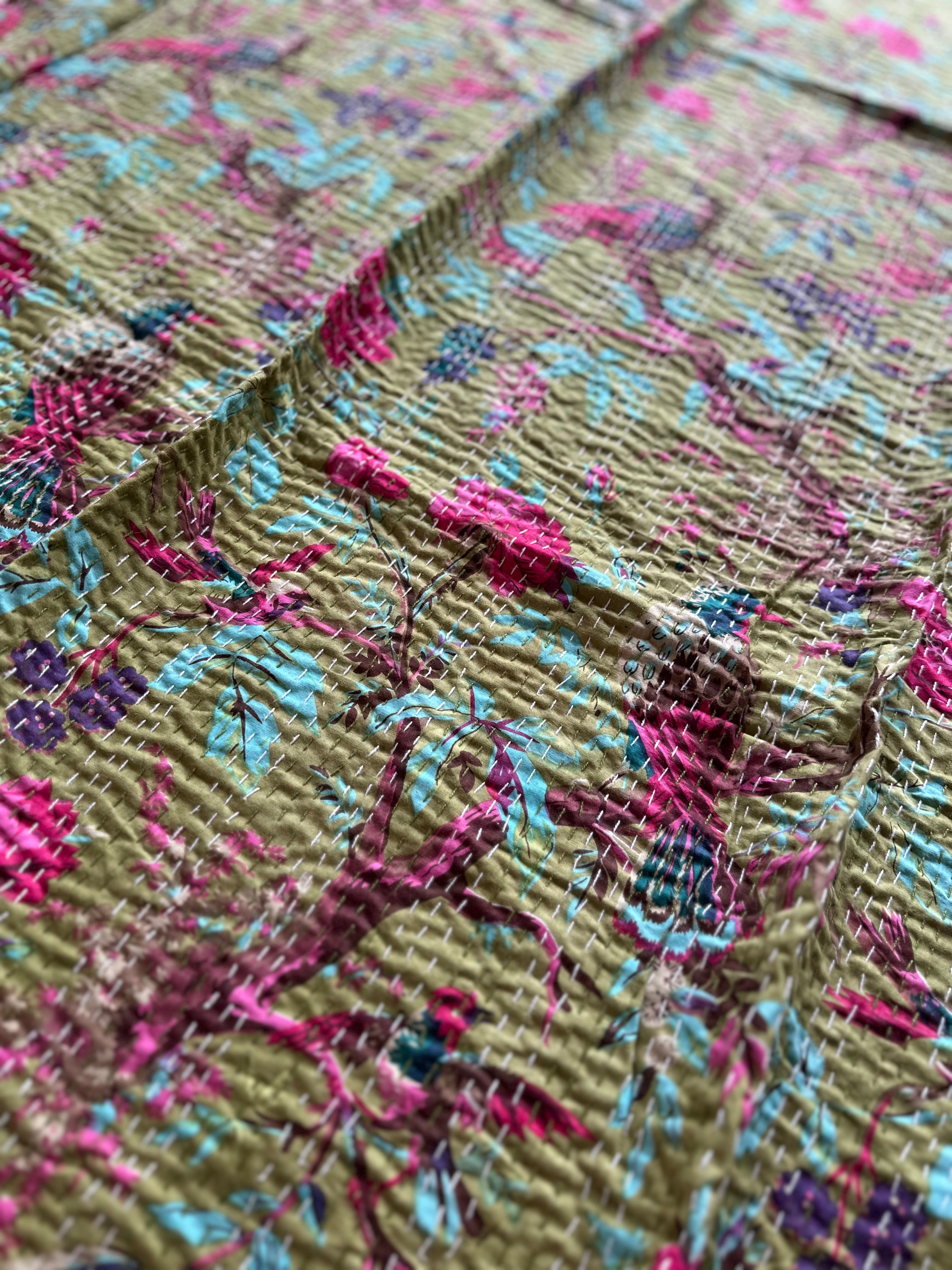 Lush Fern Cotton Reversible Kantha Throw