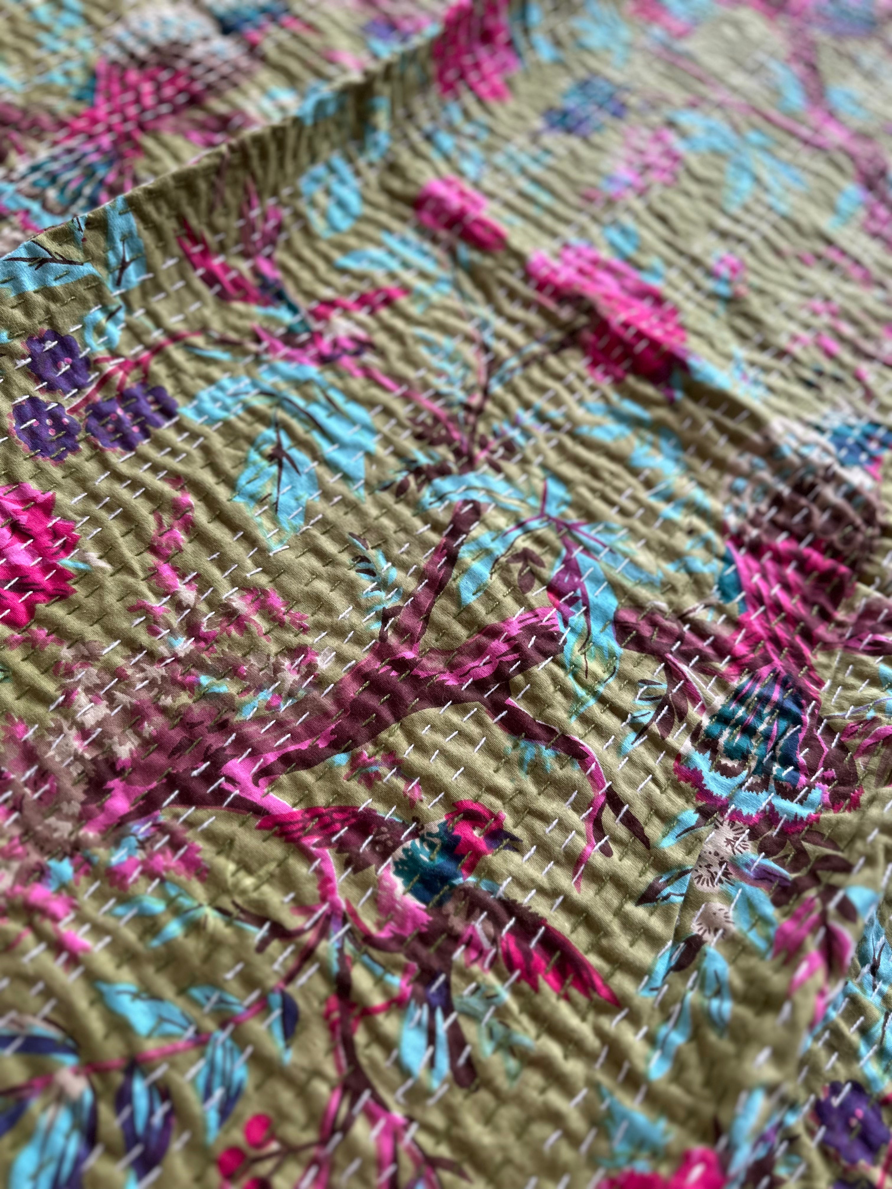 Lush Fern Cotton Reversible Kantha Throw