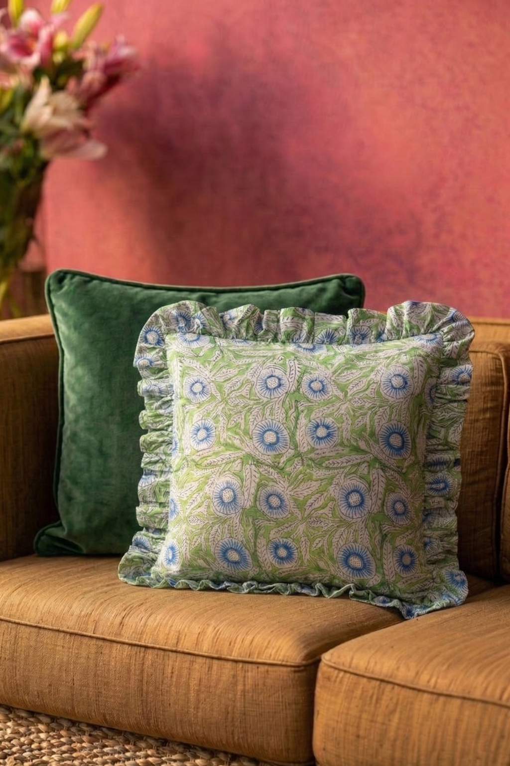 Verdant Bloom Ruffled Cotton Cushion Cover