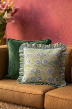 Verdant Bloom Ruffled Cotton Cushion Cover