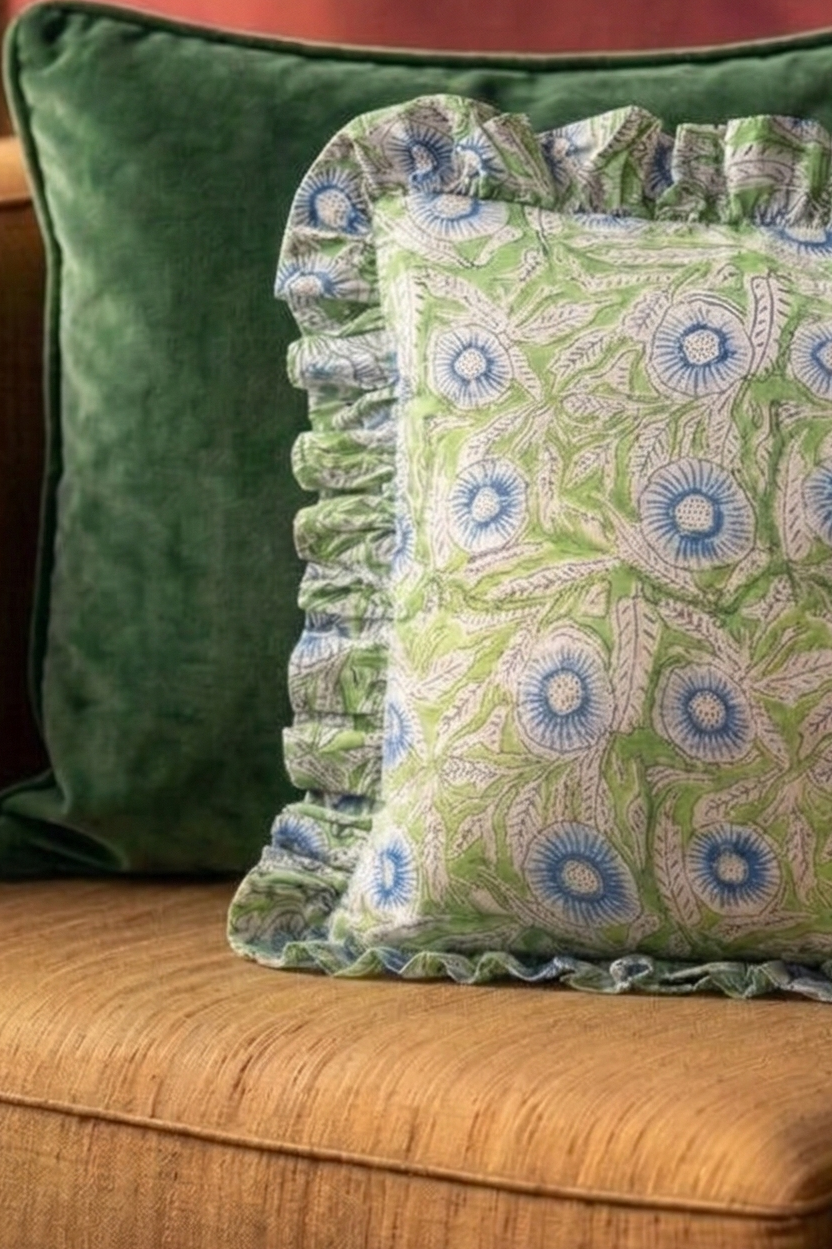 Verdant Bloom Ruffled Cotton Cushion Cover