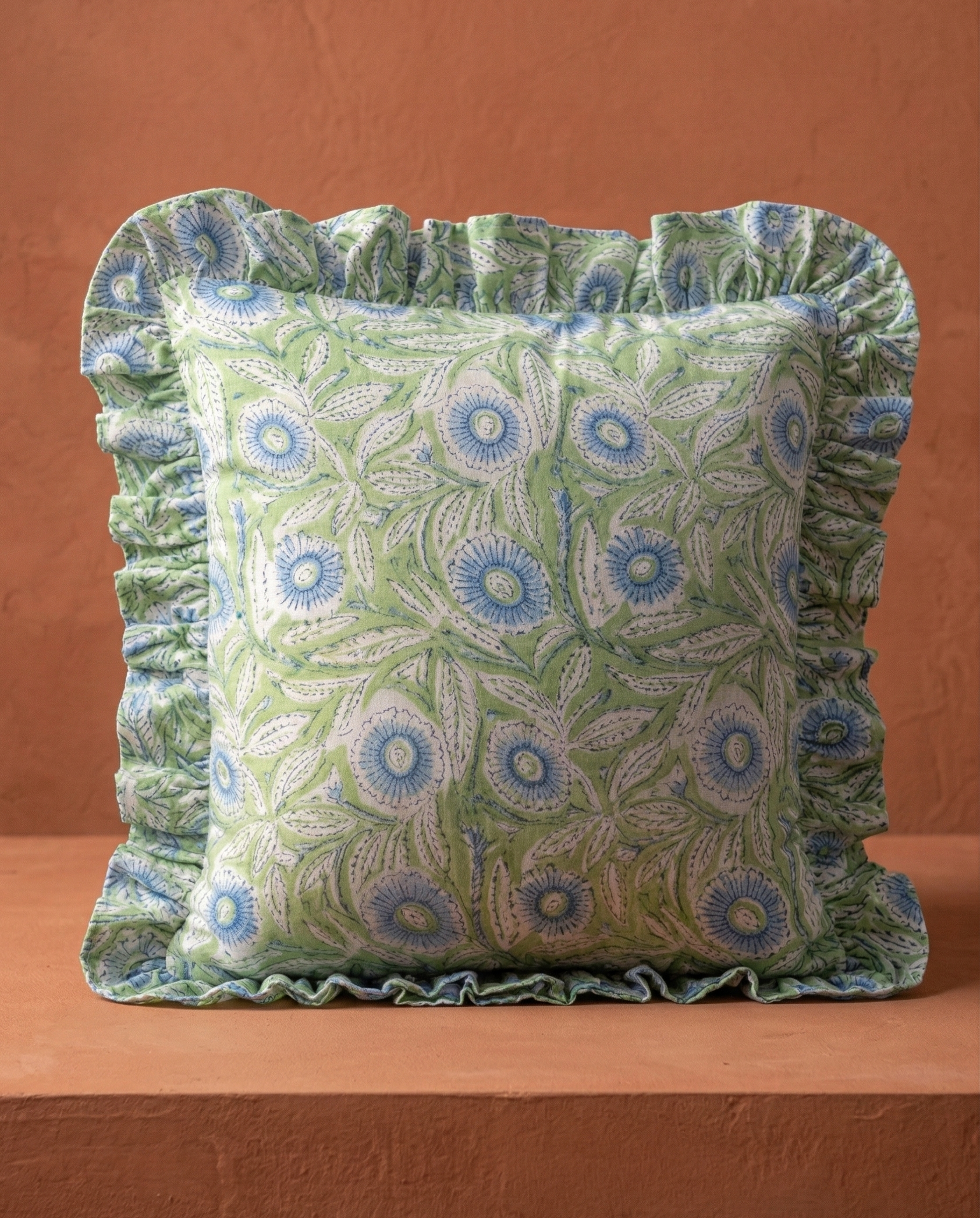 Verdant Bloom Ruffled Cotton Cushion Cover