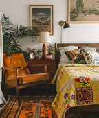 Couvre-lit Kantha KING en patchwork de pavots jaunes