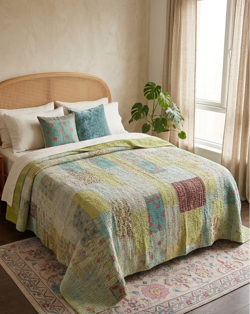 Pistachio patchwork Kantha KING sized Bedspread