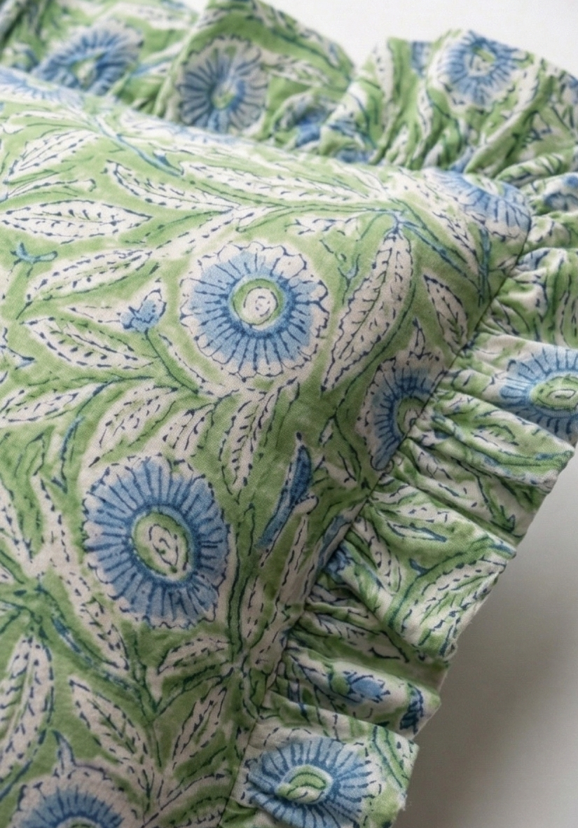 Verdant Bloom Ruffled Cotton Cushion Cover