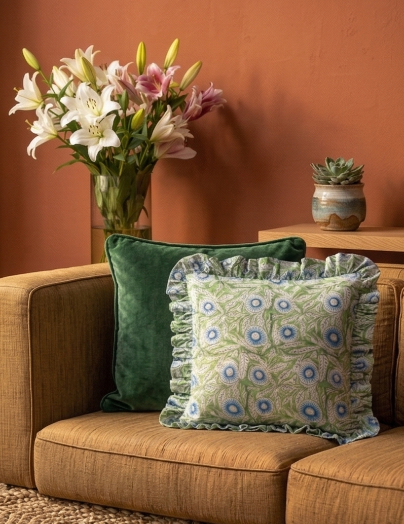 Verdant Bloom Ruffled Cotton Cushion Cover