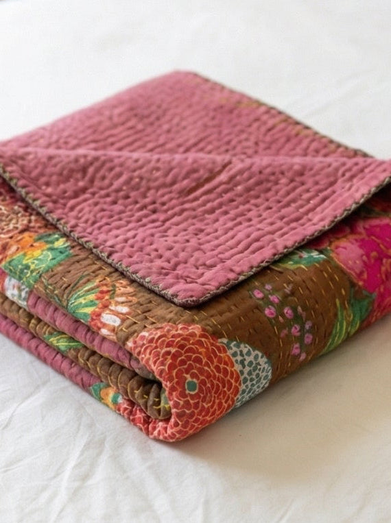 Brown Accent Reverie Cotton Hand-Made Kantha Throw Blanket