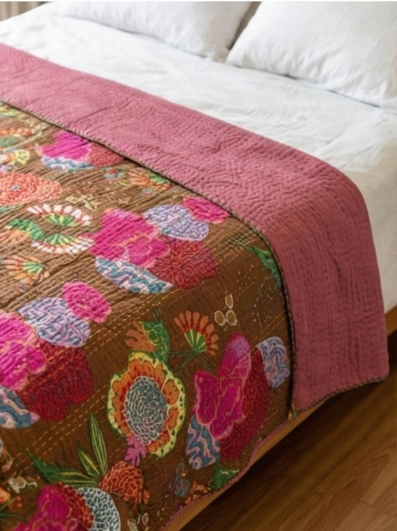 Brown Accent Reverie Cotton Hand-Made Kantha Throw Blanket
