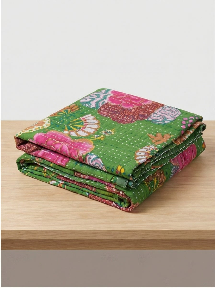 Grasslands Reverie Cotton Hand-Made Kantha Throw Blanket