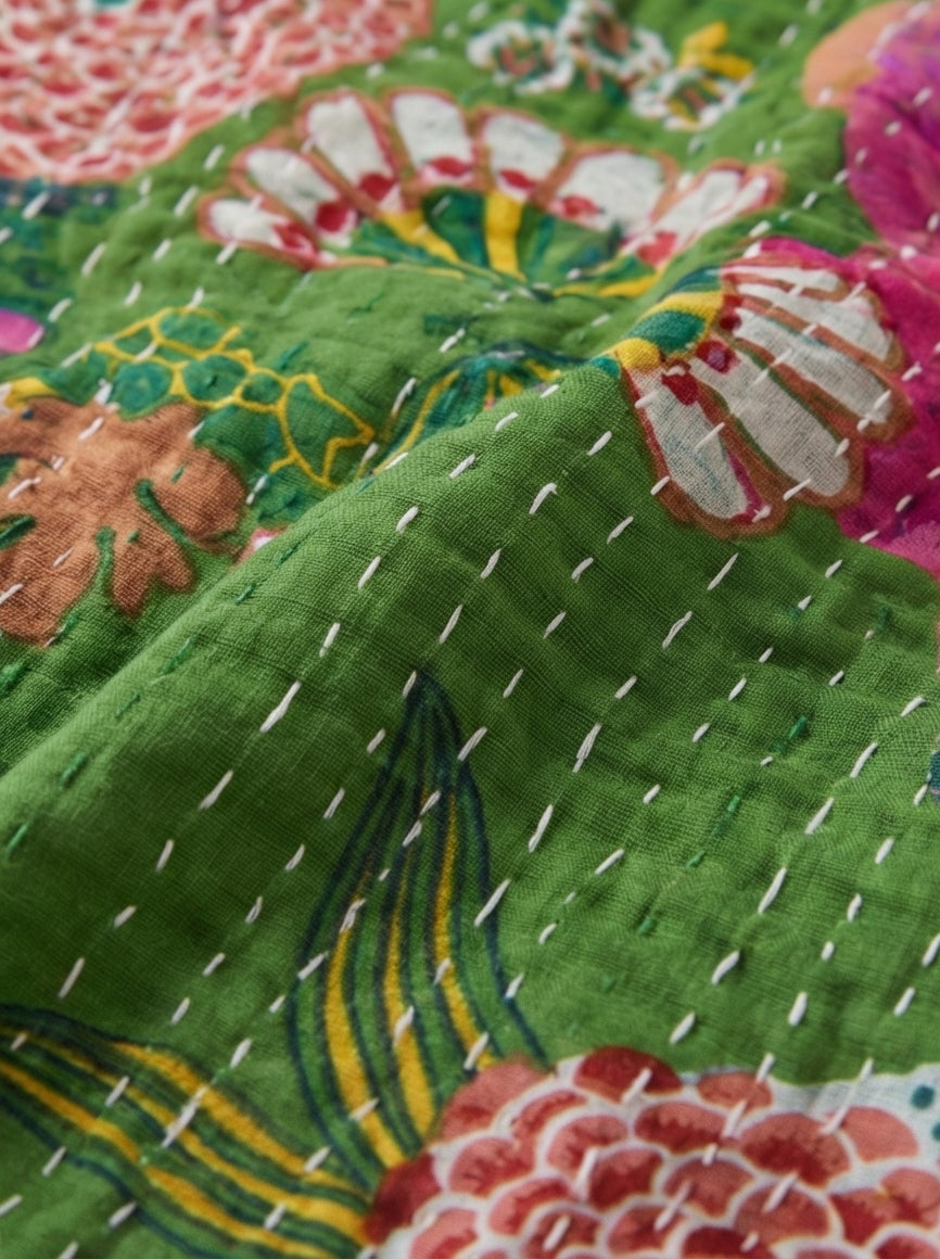 Grasslands Reverie Cotton Hand-Made Kantha Throw Blanket