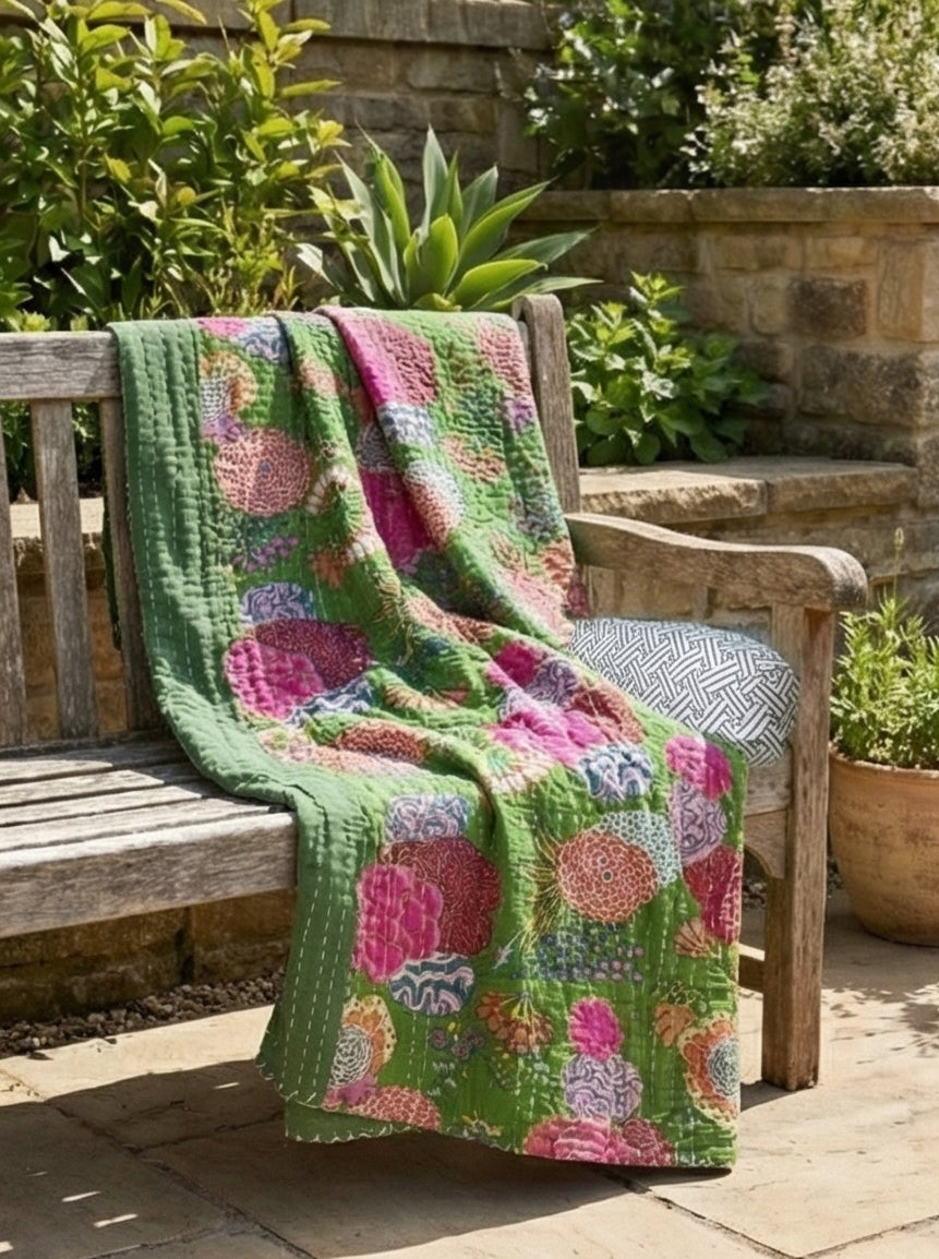 Grasslands Reverie Cotton Hand-Made Kantha Throw Blanket