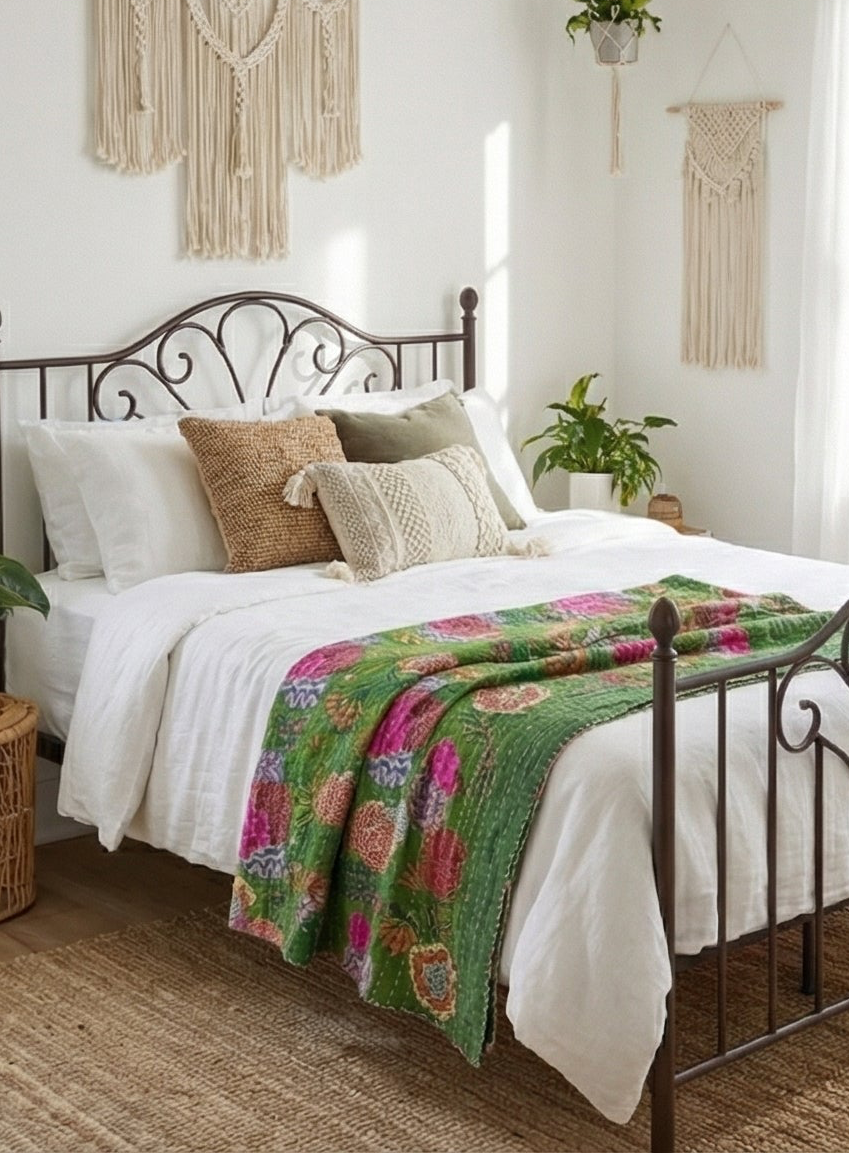 Grasslands Reverie Cotton Hand-Made Kantha Throw Blanket