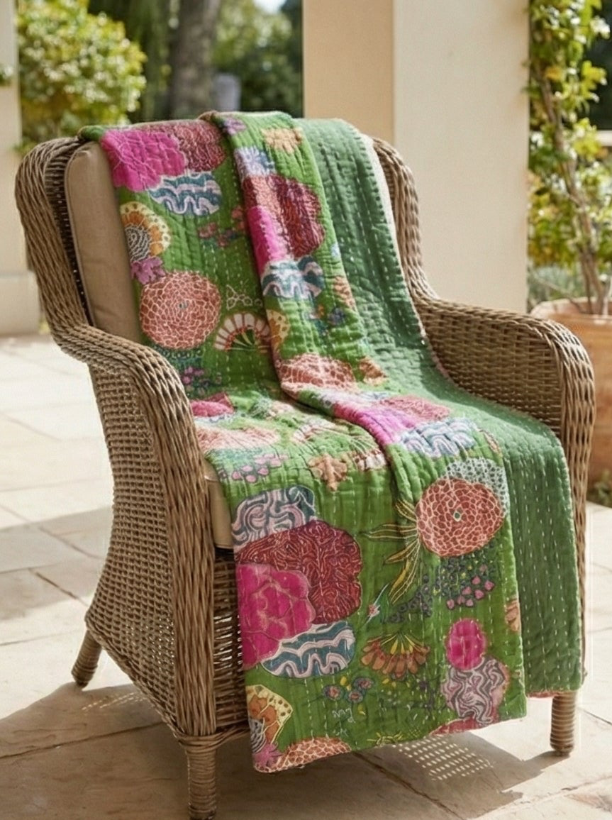 Grasslands Reverie Cotton Hand-Made Kantha Throw Blanket