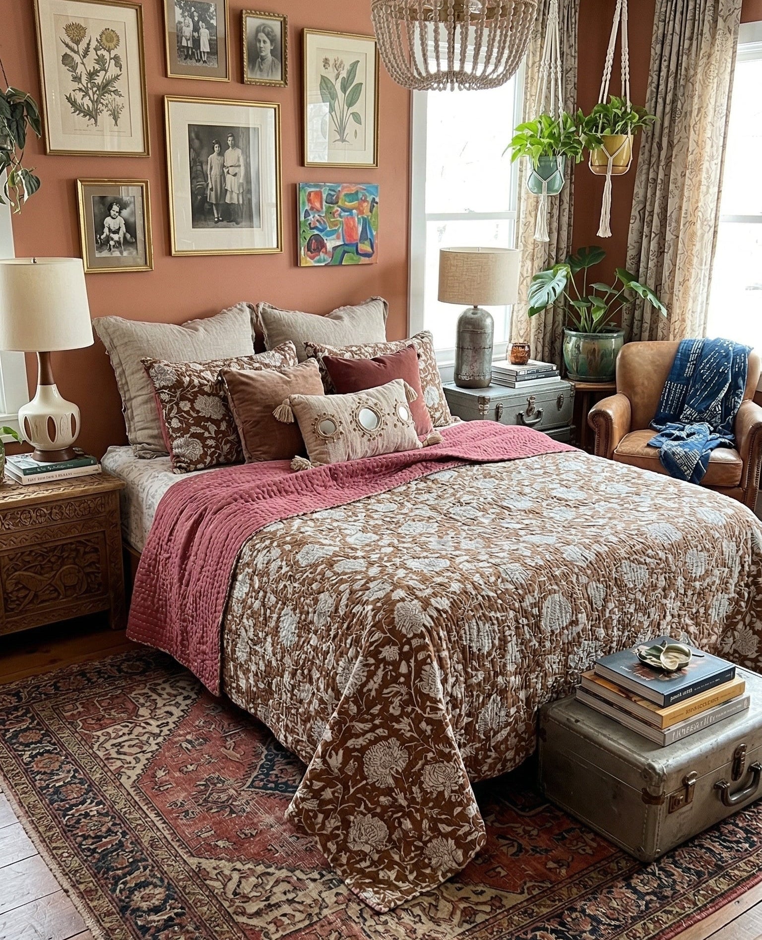 Saffron Rose Cotton Hand-Made Queen Kantha Bedspread