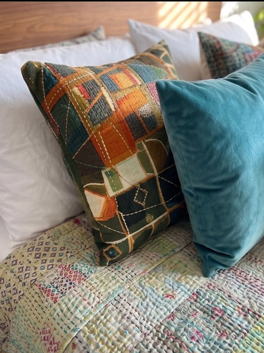 Pistachio patchwork Kantha KING sized Bedspread