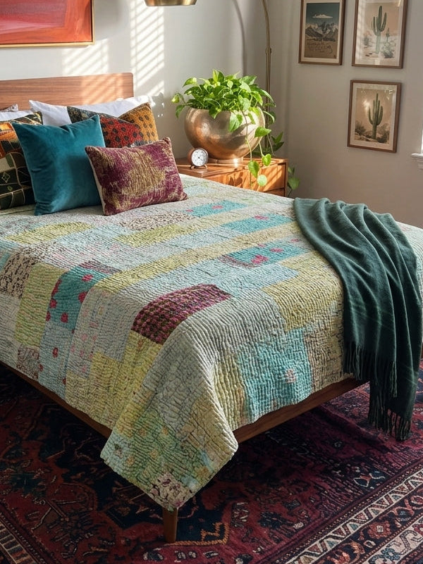 Pistachio patchwork Kantha KING sized Bedspread