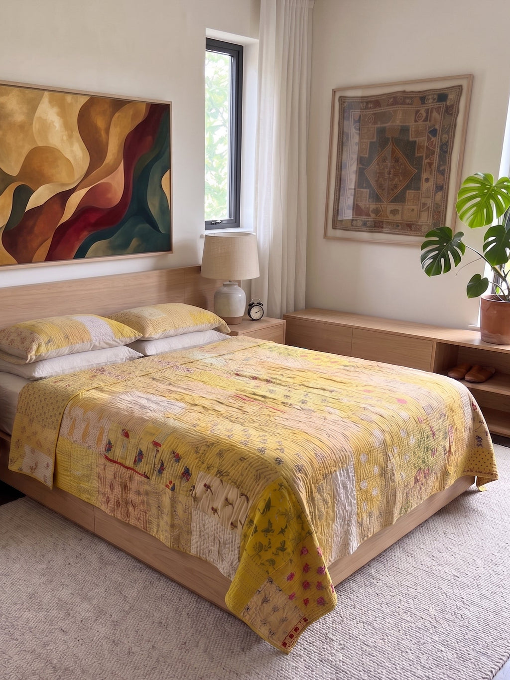 Couvre-lit Kantha KING en patchwork de pavots jaunes