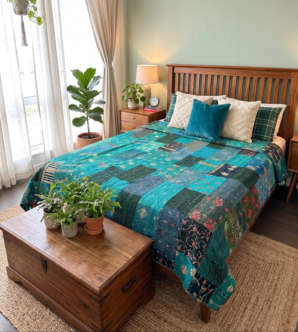 Couvre-lit de luxe Kantha Patola Lagoon Bleu