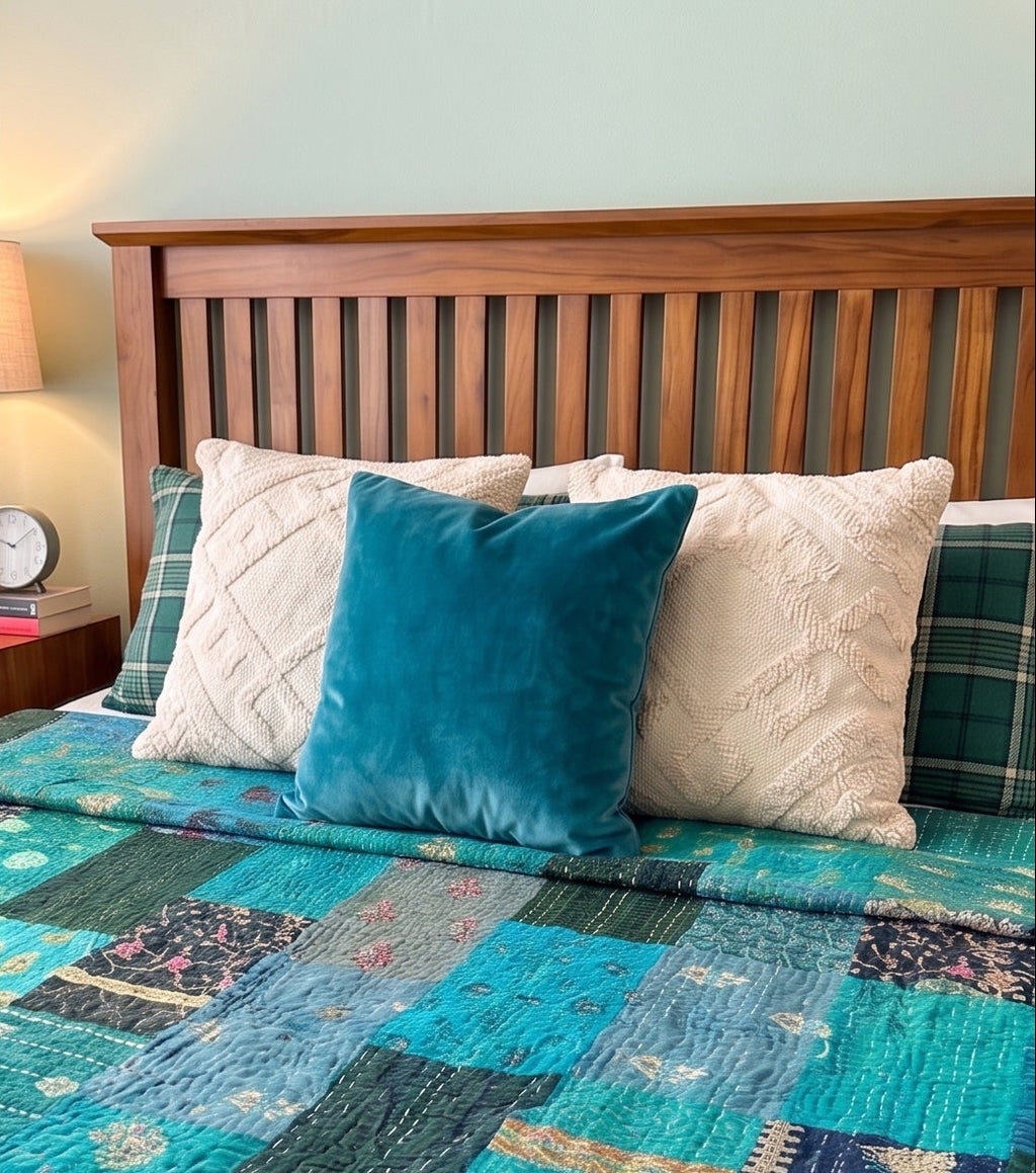 Couvre-lit de luxe Kantha Patola Lagoon Bleu