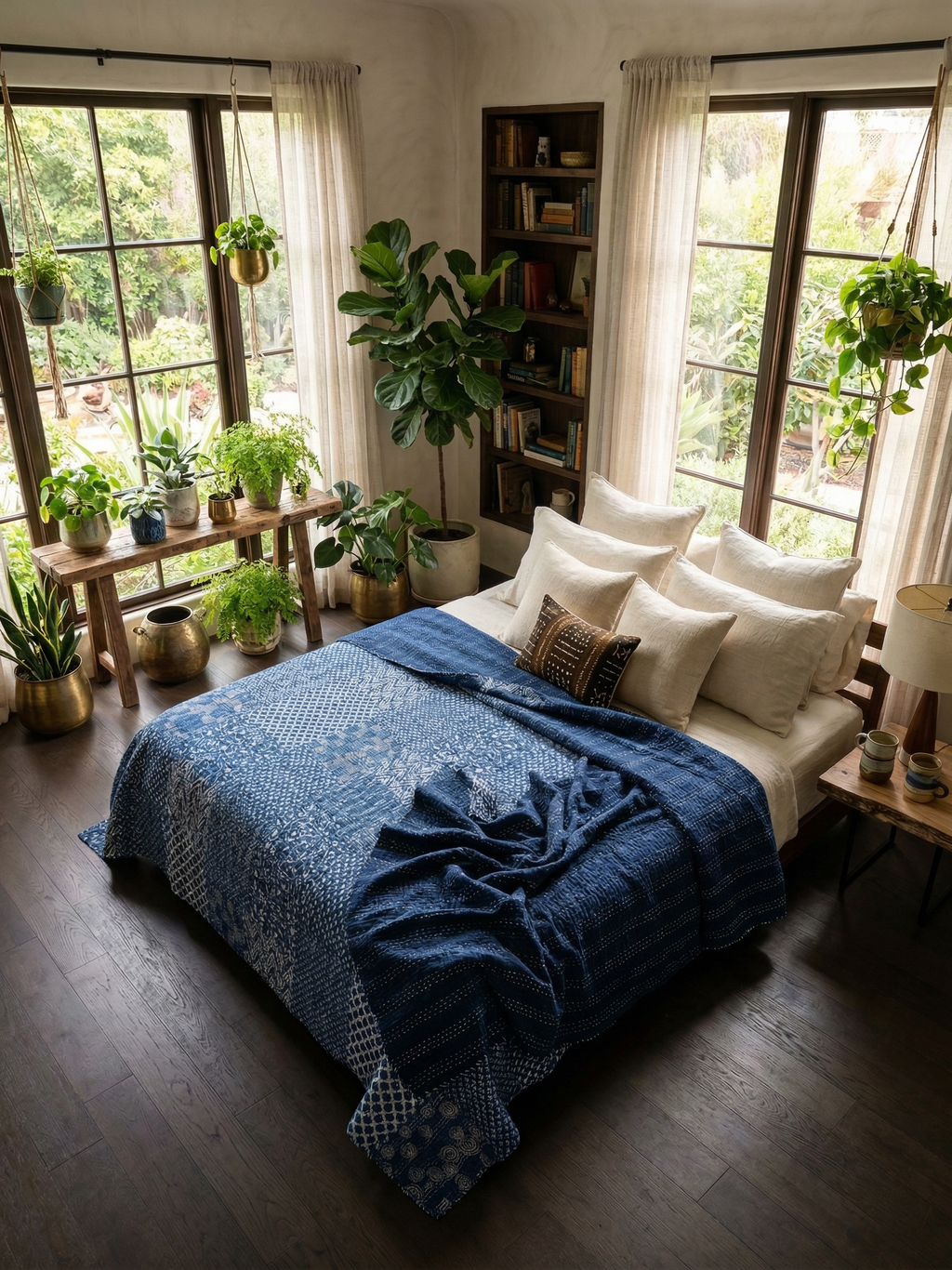 Indigo Patchwork Kantha Queen Bed-spread (Reversible)