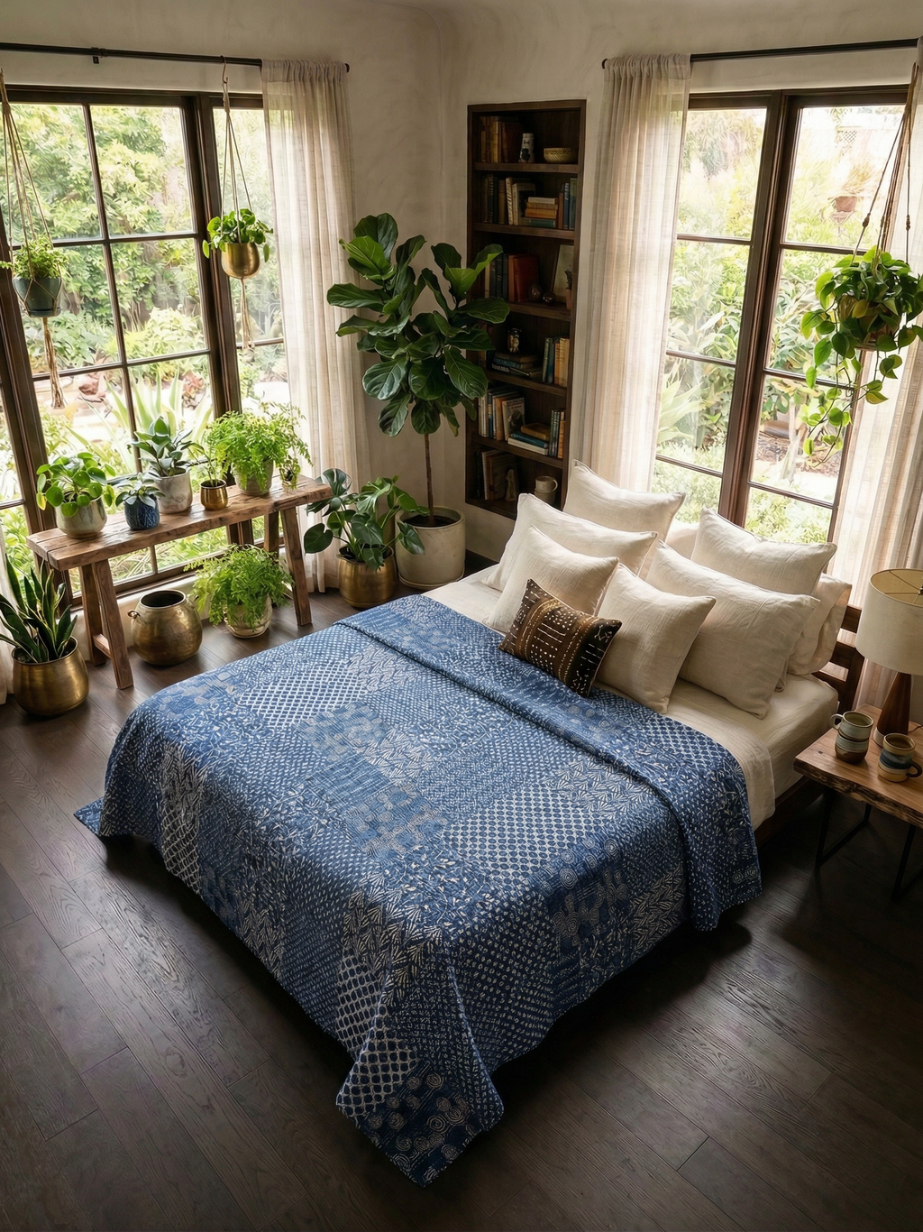 Indigo Patchwork Kantha Queen Bed-spread (Reversible)