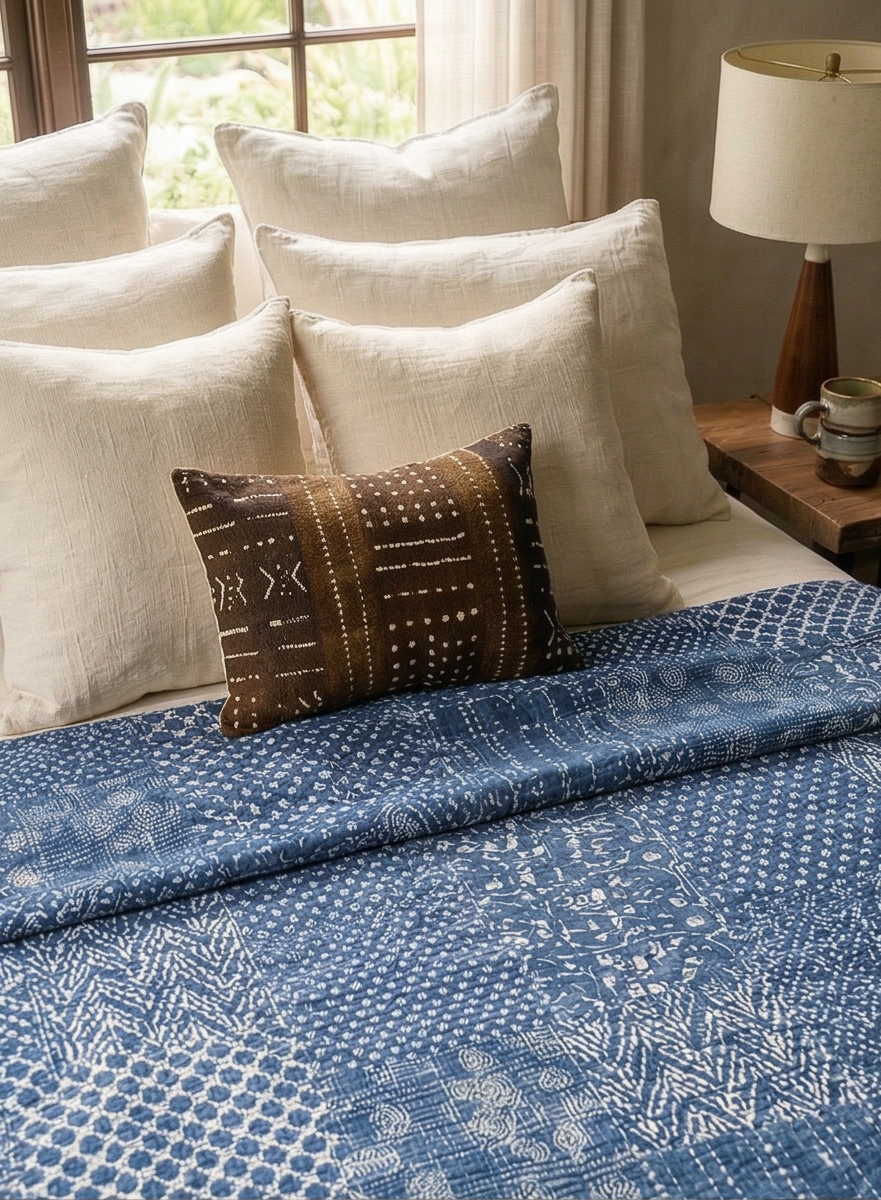 Indigo Patchwork Kantha Queen Bed-spread (Reversible)