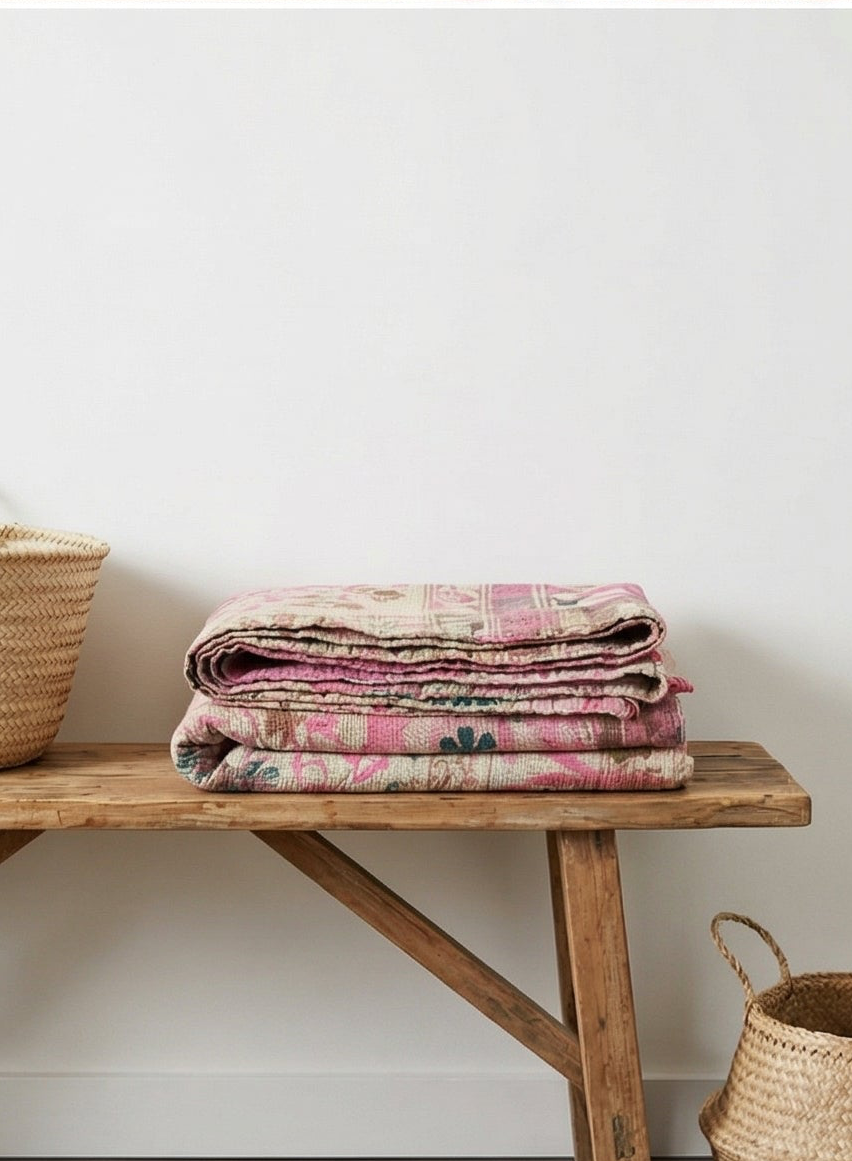Stack of folded blankets on a wooden bench with wicker baskets against a white wall