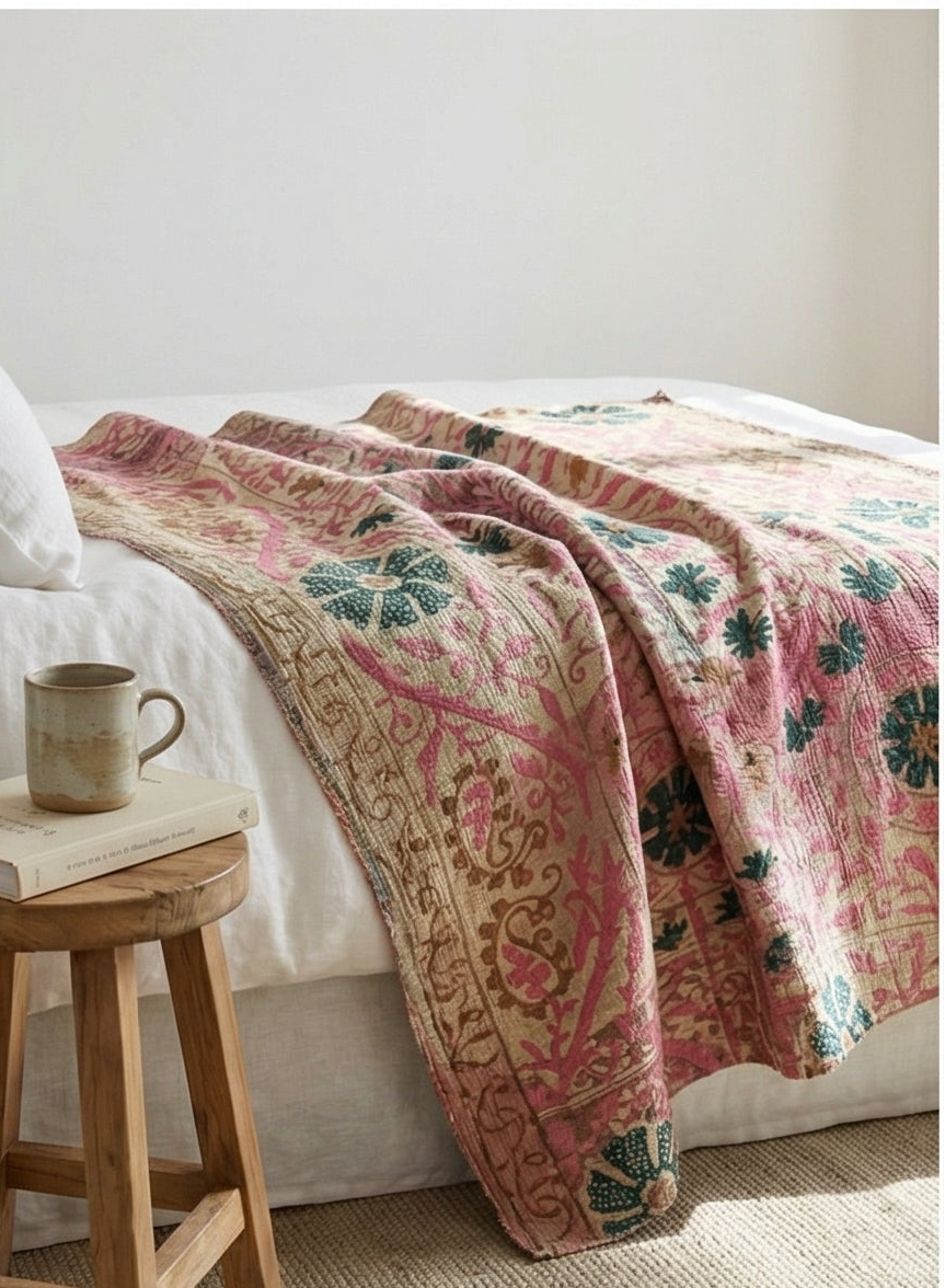 Patterned quilt draped over a bed with a wooden stool and mug in the foreground.