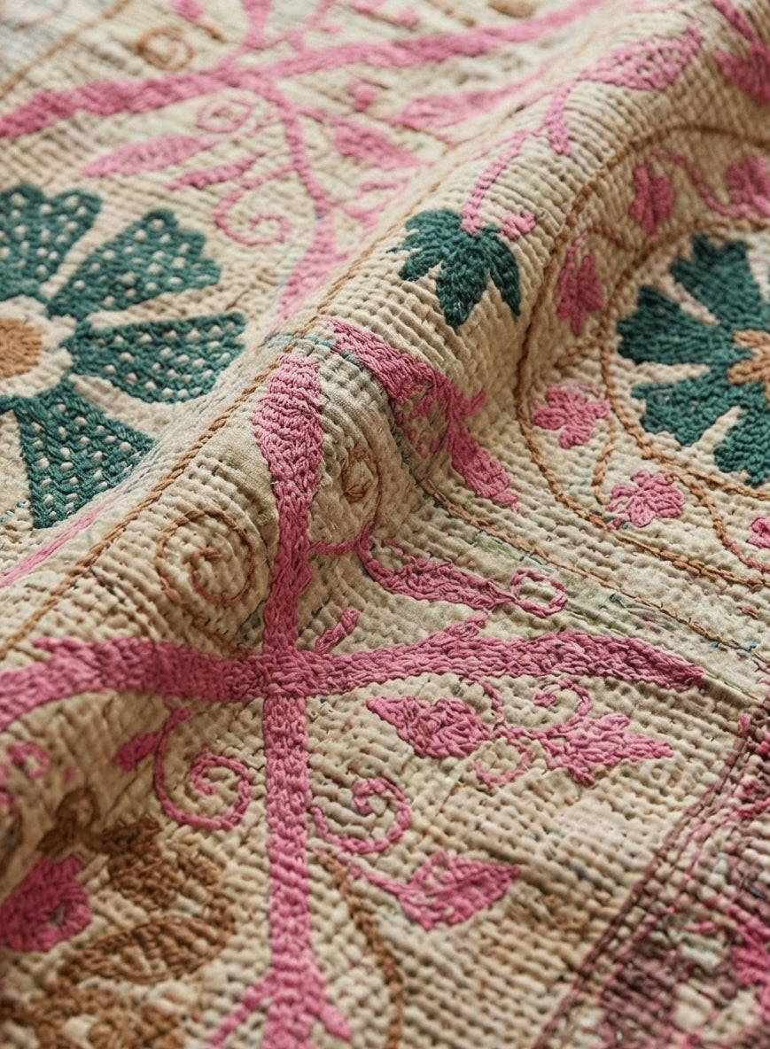Close-up of a textured fabric with floral patterns in pink, green, and beige.
