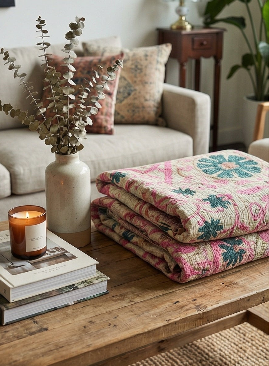 Folded floral blanket on a wooden coffee table with a candle and books in a cozy living room.