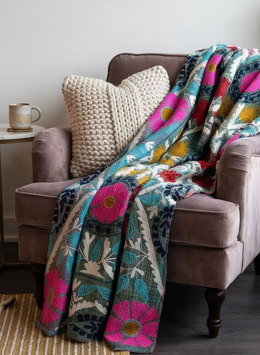 Jewel Tone Bloom Luxury Vintage Hand-Made Kantha Throw Blanket
