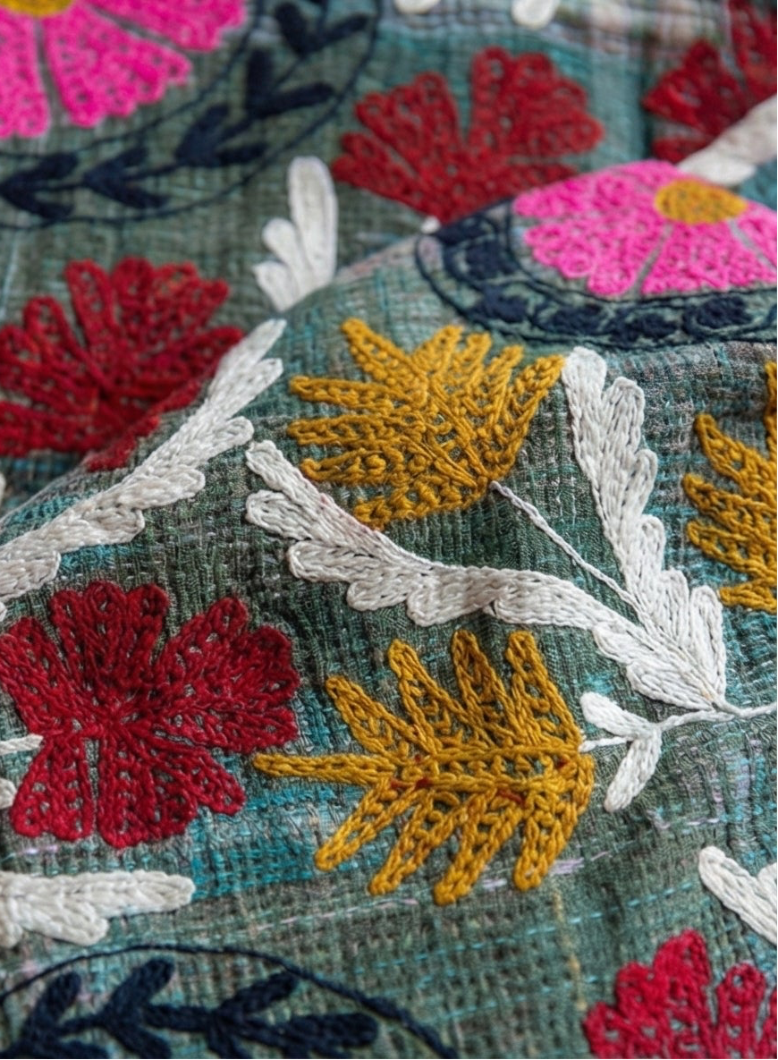Jewel Tone Bloom Luxury Vintage Hand-Made Kantha Throw Blanket