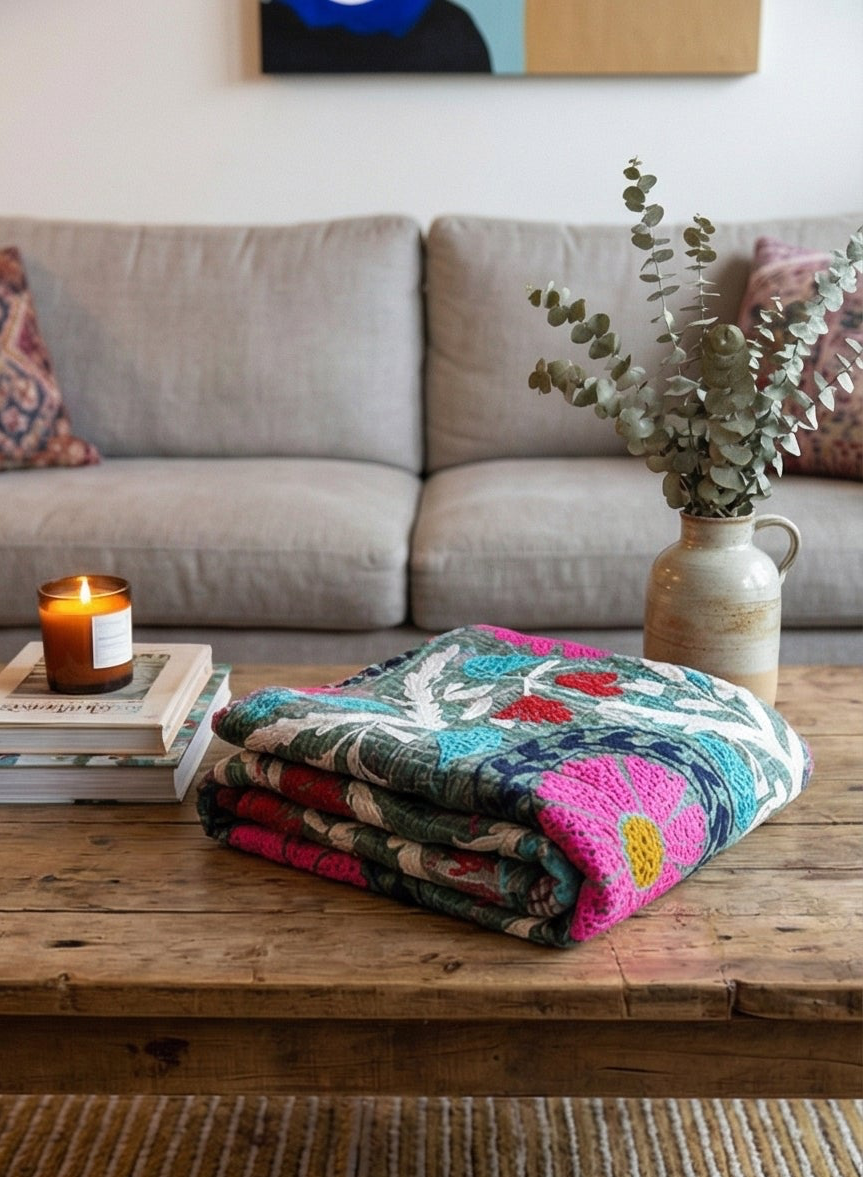 Jewel Tone Bloom Luxury Vintage Hand-Made Kantha Throw Blanket