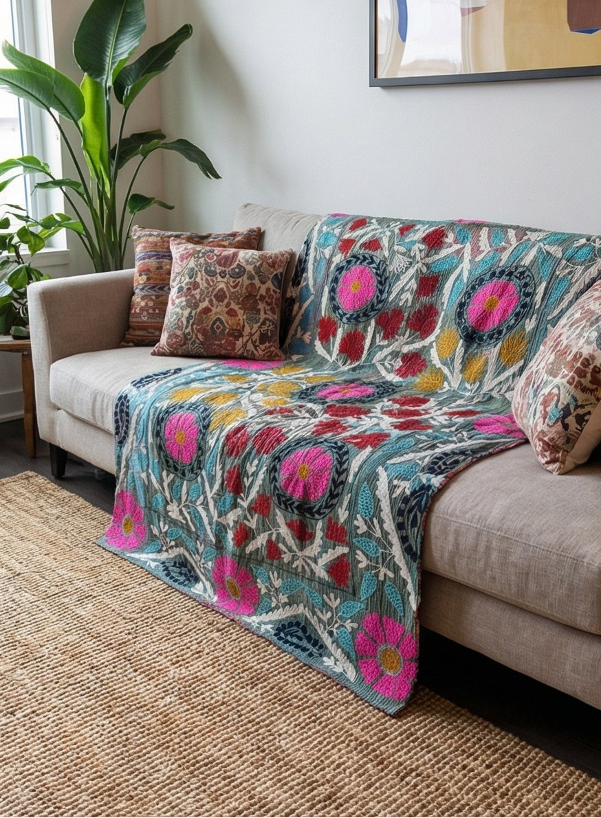 Jewel Tone Bloom Luxury Vintage Hand-Made Kantha Throw Blanket