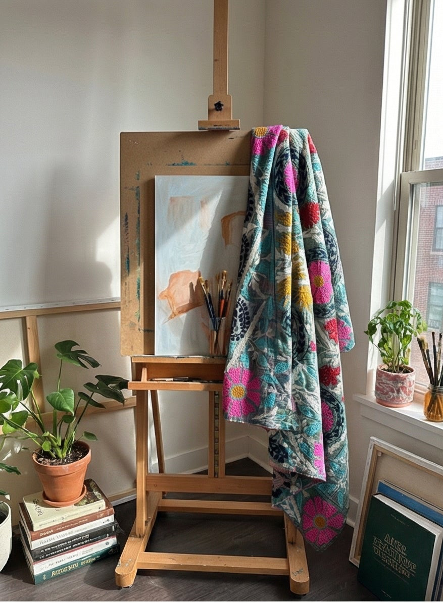 Jewel Tone Bloom Luxury Vintage Hand-Made Kantha Throw Blanket
