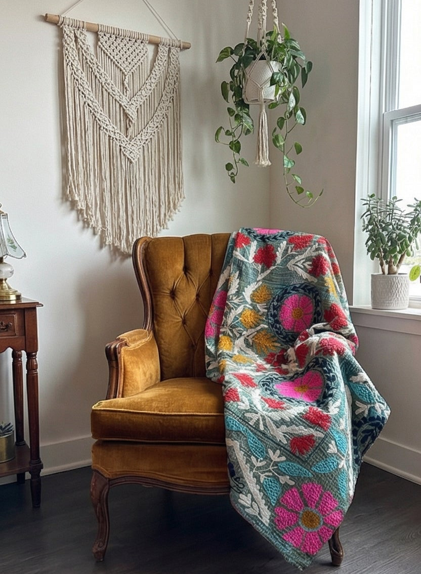 Jewel Tone Bloom Luxury Vintage Hand-Made Kantha Throw Blanket