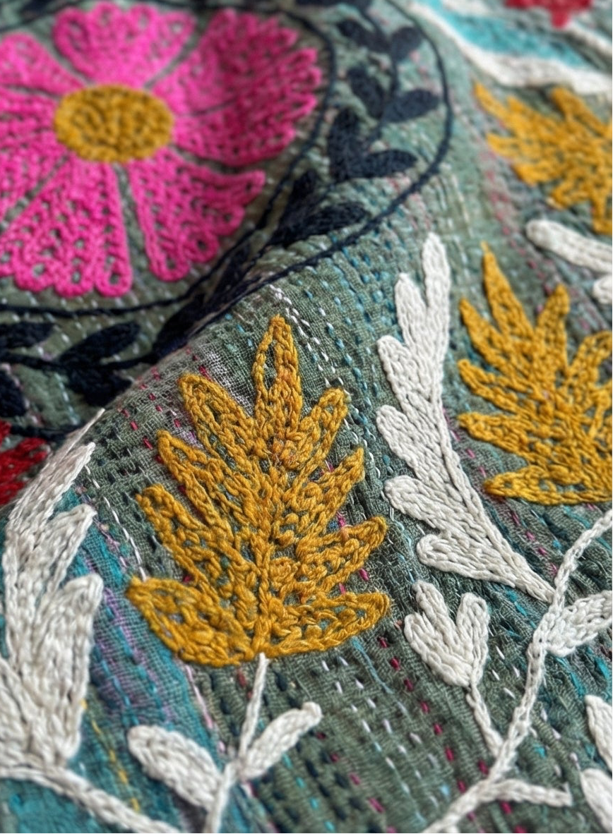 Jewel Tone Bloom Luxury Vintage Hand-Made Kantha Throw Blanket